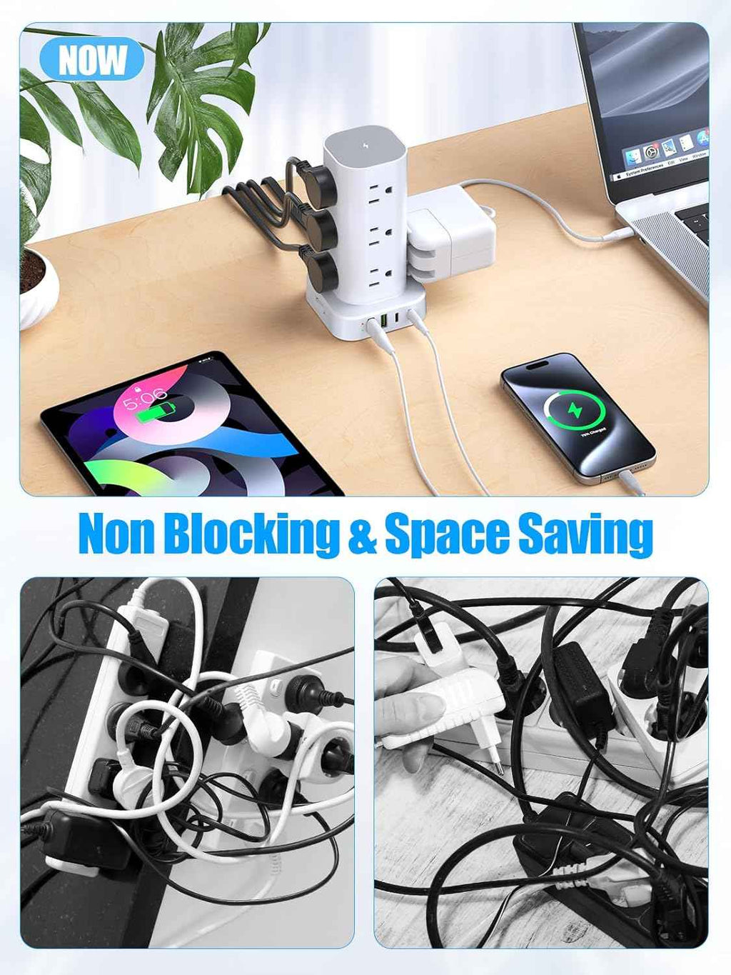Tower Power Strips with Surge Protection, 6FT Flat Extension Cord with Multiple Outlets, 12 AC 4 USB Ports, Overload Protection Charging Station for Office Home Dorm Room Travel (White)