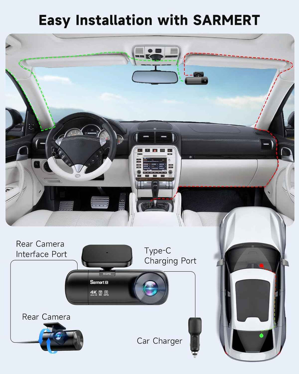 SARMERT 4K 3 Channel Dash Cam, Dash Cam Front and Rear C3, Free 64GB Card, 4K+1080P+1080P Dashcam, G-Sensor, WDR, APP, 5G WiFi, Night Vision, 24H Parking Monitor