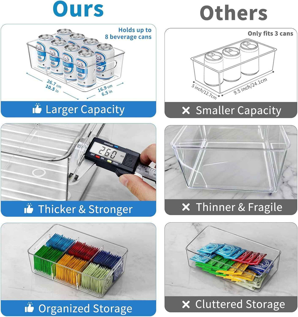 6-pack clear plastic pantry organizers and storage with 2 dividers for kitchen fridge organization