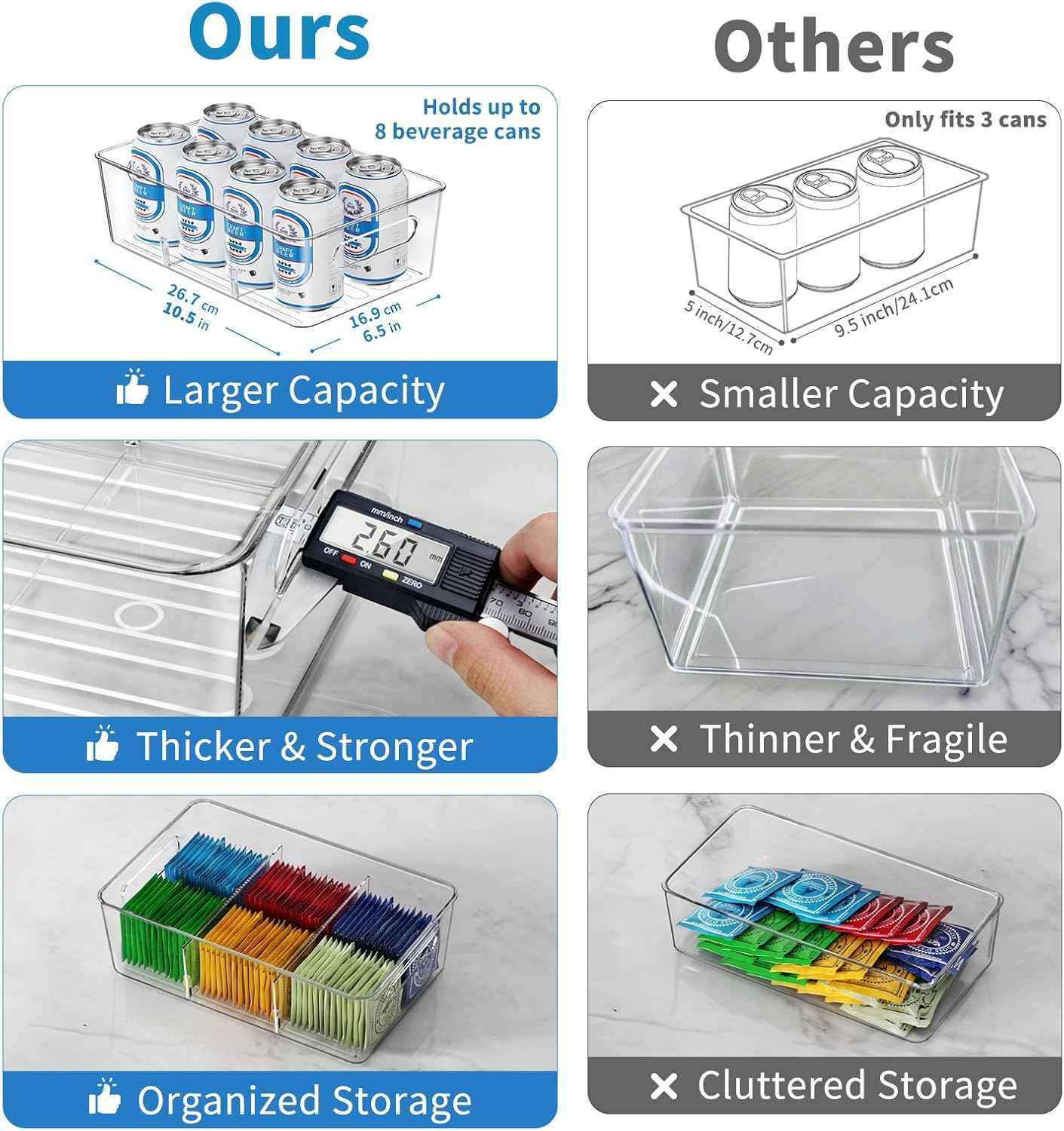 6-pack clear plastic pantry organizers and storage with 2 dividers for kitchen fridge organization
