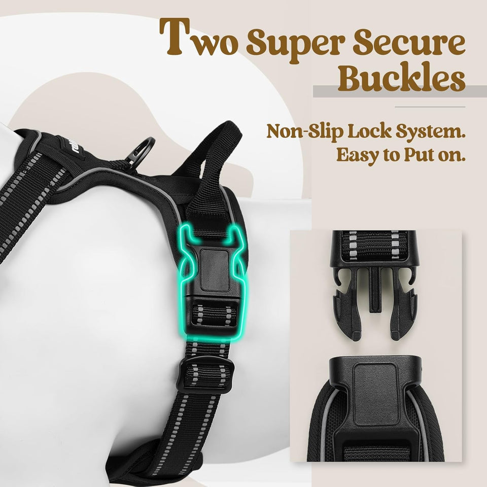 rabbitgoo Dog Harness No PLll with 2 Leash Clips, Adjustable Soft Padded, Reflective Oxford No Choke Pet Vest with Easy Control Handle for Large Dogs, Black, L