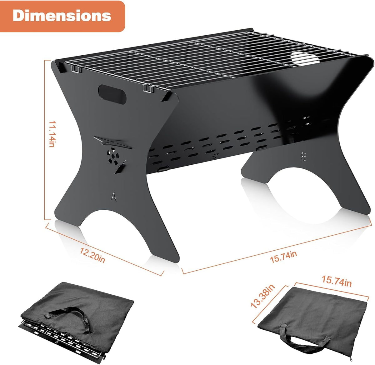 Camping Campfire Grill, 16"Lx12"D Portable Folding Charcoal Grills, Backpacking BBQ Grill with Carry Bag, Outdoor Fire pit for Camping, Picnic, Bonfire, Patio, Backyard
