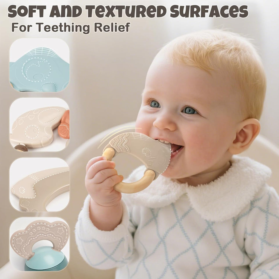 Baby Rattles & Teethers Set – Baby Toys 0-6 Months, Teething Toys 3-6 Months, Sensory Toys with Soft Textures, Gentle Sounds & Easy-Grip Shape, Neutral Newborn Gift（10-Pack）