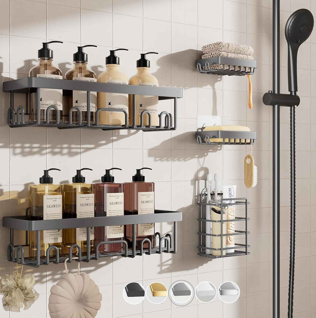 Veken Shower Caddy 6-Pack, Advanced Rustproof Design, No Drilling Adhesive Shelves, Rack with Soap Holder, Large Capacity Bathroom Organizers and Storage, Wall-Mounted Kitchen & Home Decor