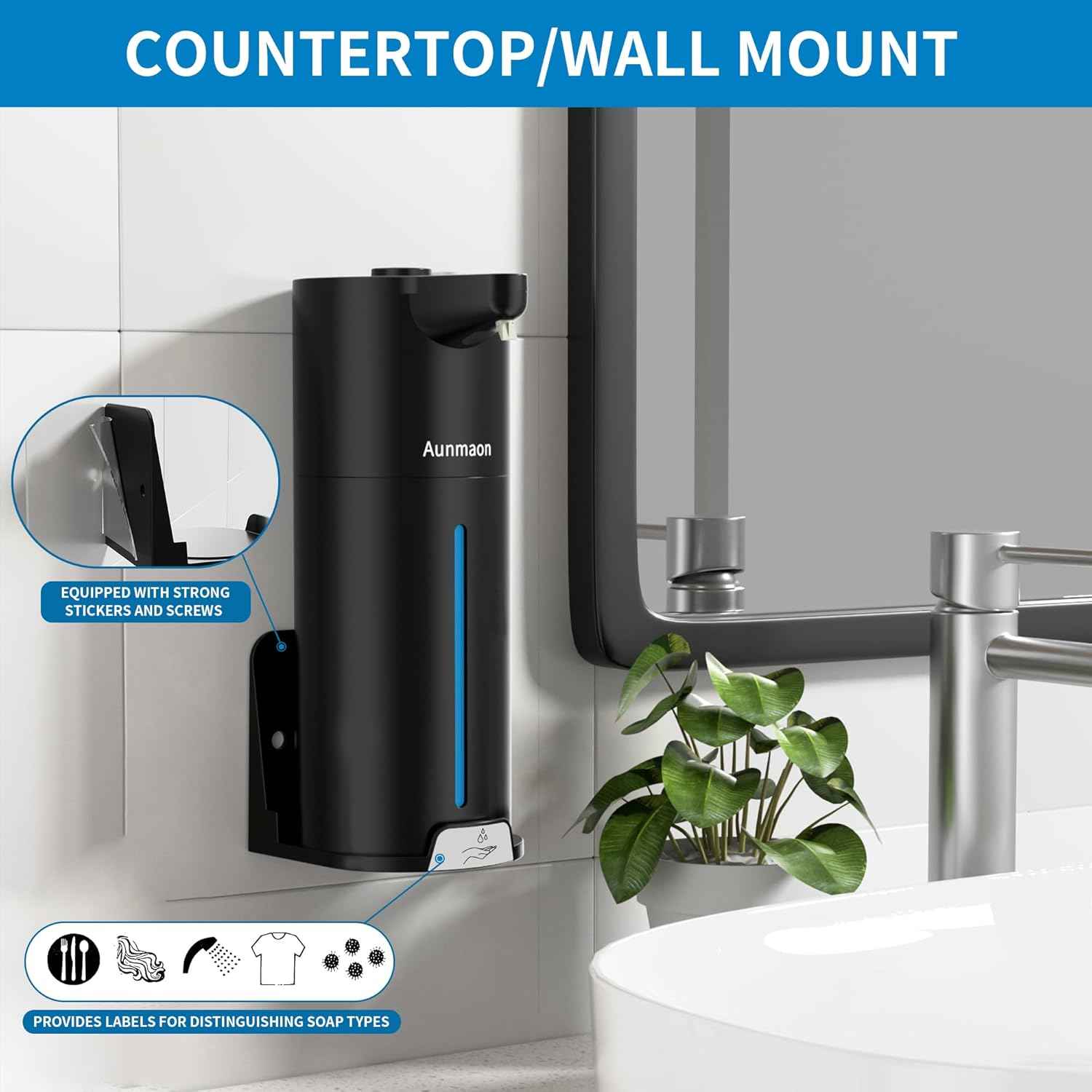 Aunmaon automatic touchless soap dispenser, adjustable volume, long battery life, black, kitchen and bathroom