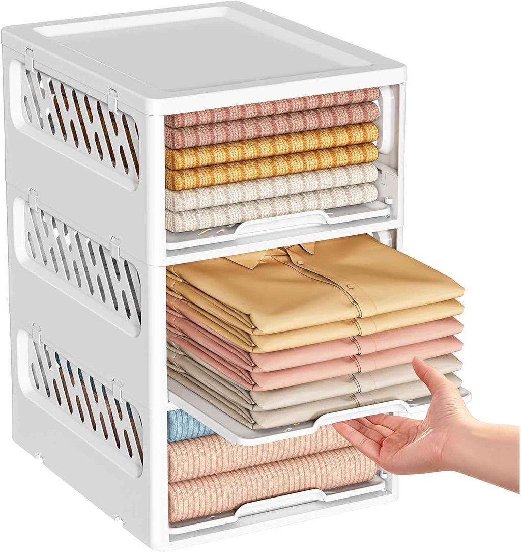 5 Pack Stackable Closet Storage Basket - Stackable Storage Bins, Multifunctional & Foldable Closet Organizer Waterproof, Wardrobe Cupboard Space-Saving Hat Storage Drawer Organizer, White