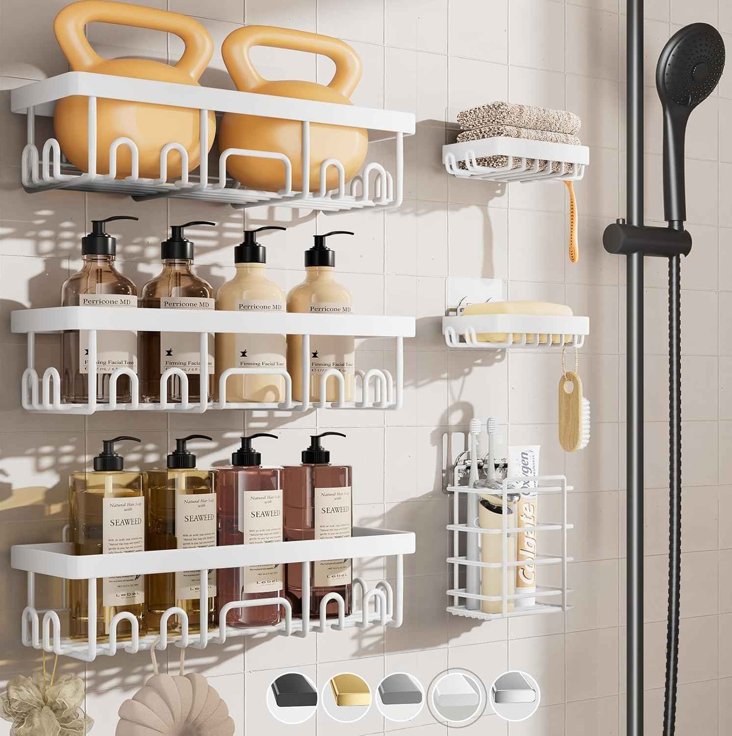 Veken Shower Caddy 6-Pack, Advanced Rustproof Design, No Drilling Adhesive Shelves, Rack with Soap Holder, Large Capacity Bathroom Organizers and Storage, Wall-Mounted Kitchen & Home Decor