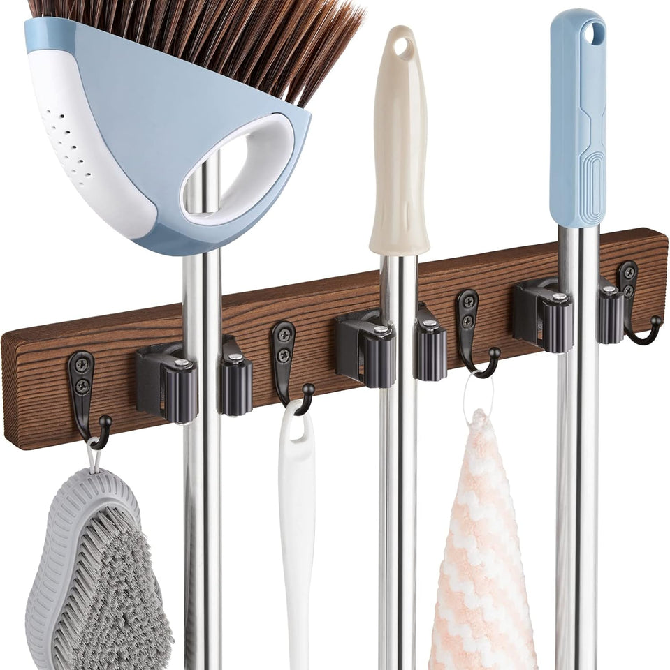 Mop and Broom Holder Wall Mount - Rustic Wood Broom Mop Hanger - Wall Mounted Garden Tool Rack Organizer for Closet Garage Laundry Room Kitchen Decor With 4 Slots & 4 Hooks - ShopUS
