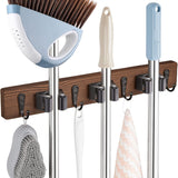 Mop and Broom Holder Wall Mount - Rustic Wood Broom Mop Hanger - Wall Mounted Garden Tool Rack Organizer for Closet Garage Laundry Room Kitchen Decor With 4 Slots & 4 Hooks - ShopUS