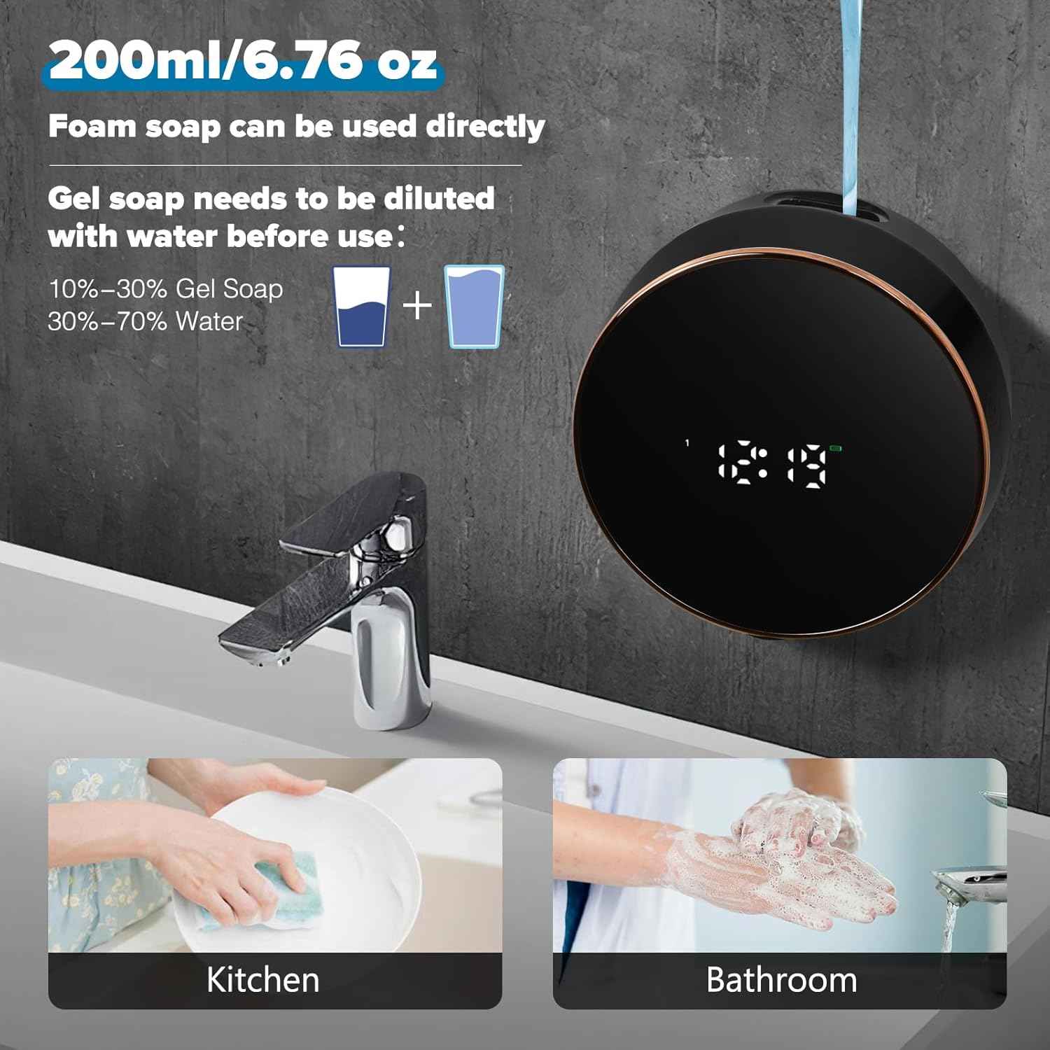 Automatic Soap Dispenser Foam Bathroom: Wall Mount Rechargeable Touchless Adjustable Auto Smart Electric Plastic Black Foaming Soap Dispenser with Clock - Kitchen - Hand Dish Lotion Couple Kids
