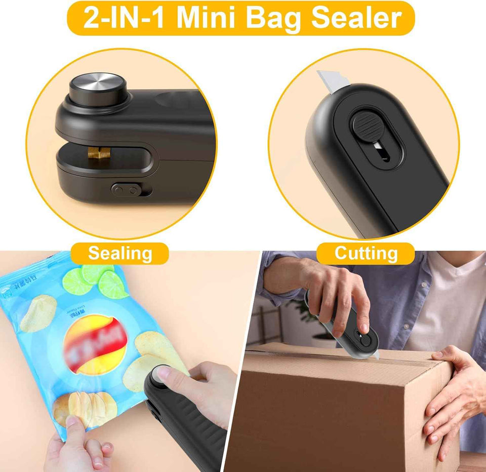 2-in-1 Mini Bag Sealer with Cutter for USB-C Rechargeable Portable Heat Sealing and Snack Storage