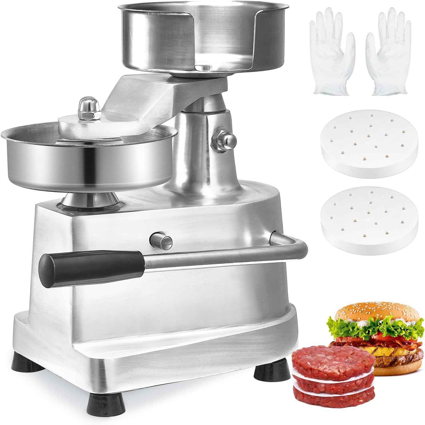 VEVOR Commercial Burger Patty Maker, 100mm/4inch Hamburger Beef Patty Maker, Heavy Duty Food-Grade Stainless Steel Bowl Burger Press Machine, Kitchen Meat Forming Processor with 1000 Pcs Patty Papers