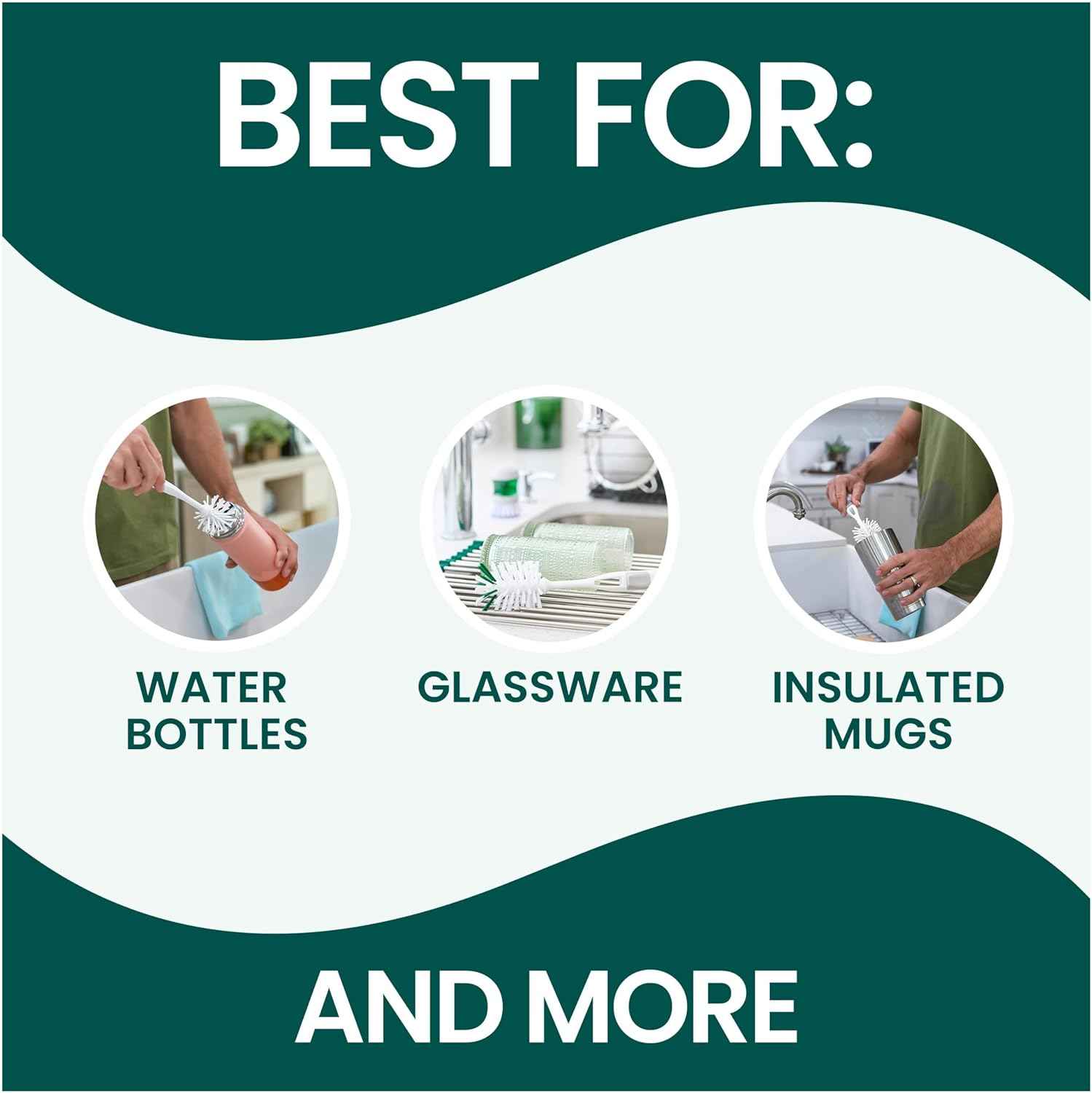 Scotch-Brite glass and water bottle brush, long-lasting, non-slip handle, durable, reusable, safe on glassware and more