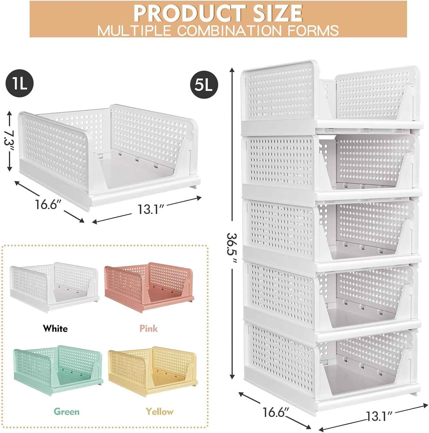 Multifunctional Stackable Closet Storage Baskets, 5 Pack, Waterproof, Foldable & Space-Saving