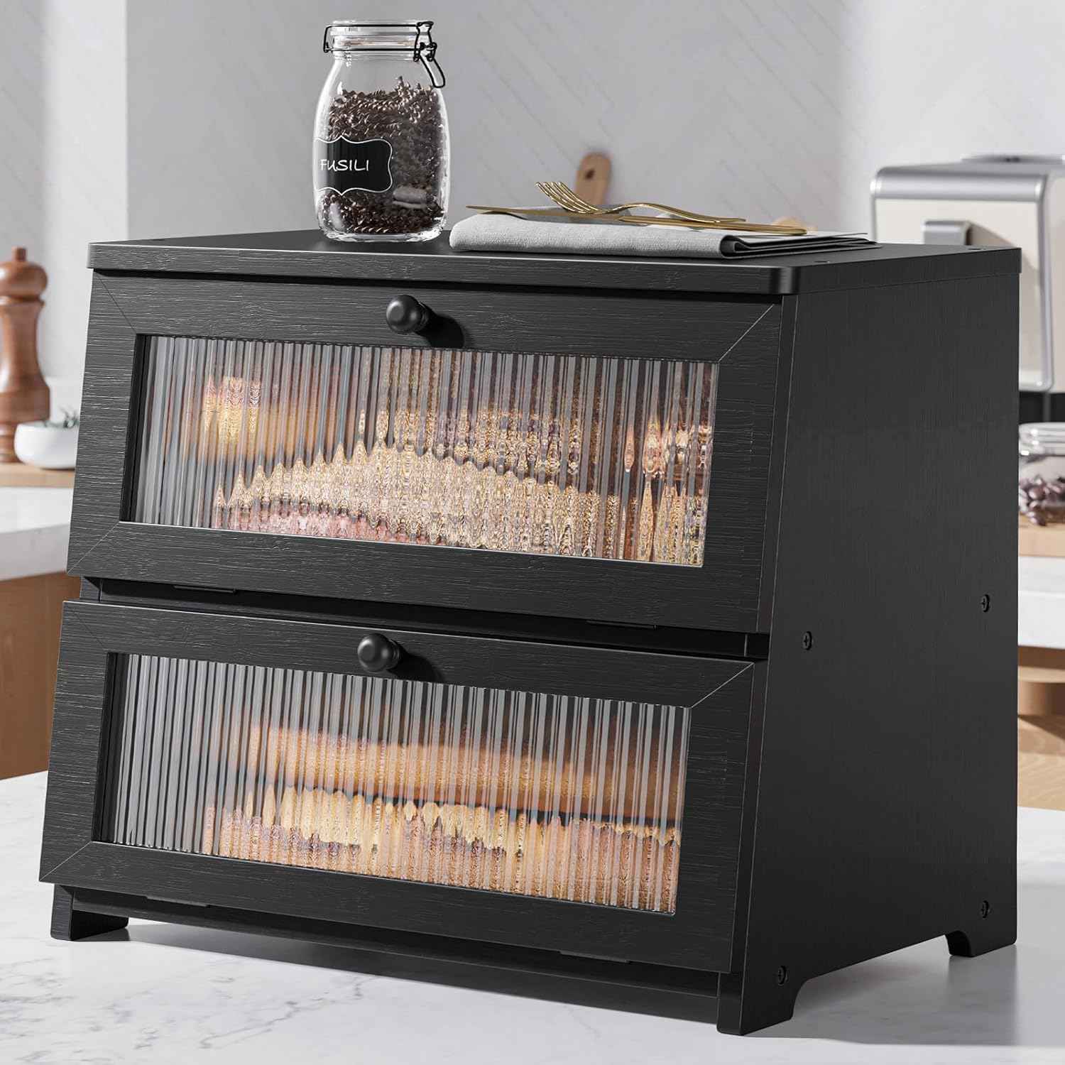 Kitsure Bread Box - Wooden Bread Box for Kitchen Countertop, Large Capacity Kitchen Countertop Organizer, Stylish Bread Storage with Window, Multi-functional Container, Black, 15.0"x8.3"x9.1" (1T)