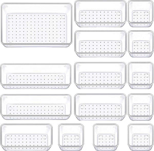 Drawer Organizers Set of 15, 4 Sizes Clear Plastic Drawer Organizers and Storage Bins for Kitchen, Bathroom, Office, Dresser Desk Drawer Organizer Tray for Jewelry, Makeup, Junk, Gadgets