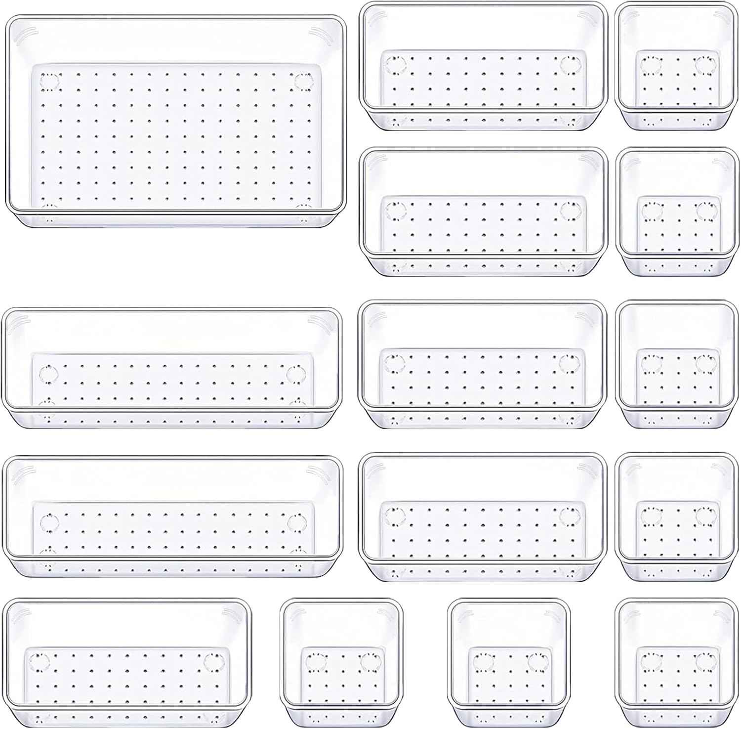 Drawer Organizer Set of 15, 4 Sizes Clear Plastic for Kitchen, Bathroom, Office, Dresser Desk Organizers