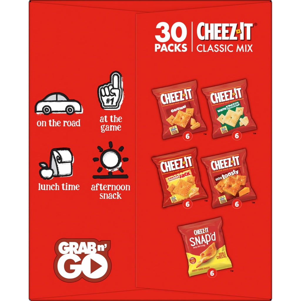 Cheez-It Original, Extra Toasty, Cheddar Jack, White Cheddar, and Cheez-It Snap'd Double Cheese Baked Snack Crackers Variety Pack, 28.74oz Box (30 Packs)