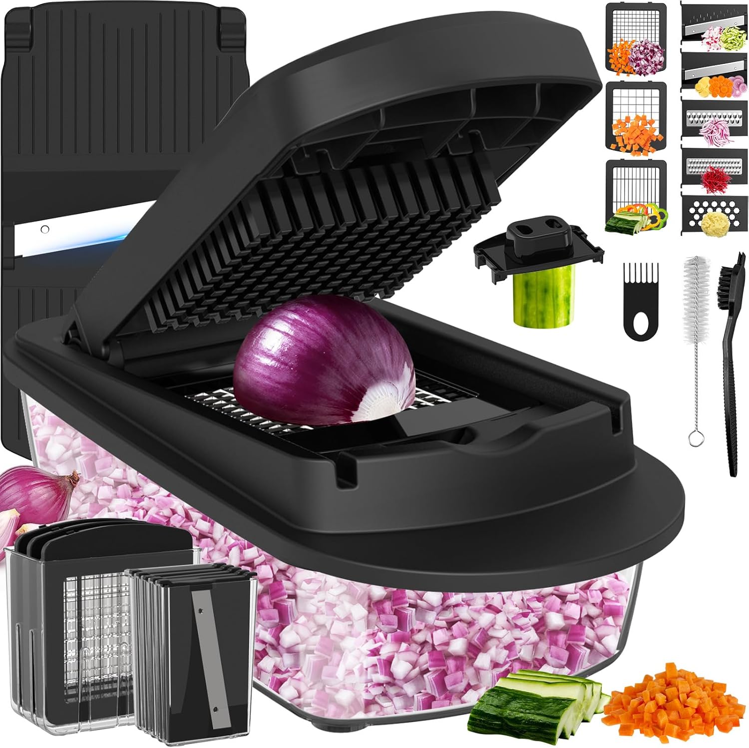 8 Blade All-in-1 Vegetable Chopper Mandoline Slicer with Container, Food Chopper, Onion Chopper, Veggie Cutter for Salad, Kitchen Gadgets Accessories Essentials, Black