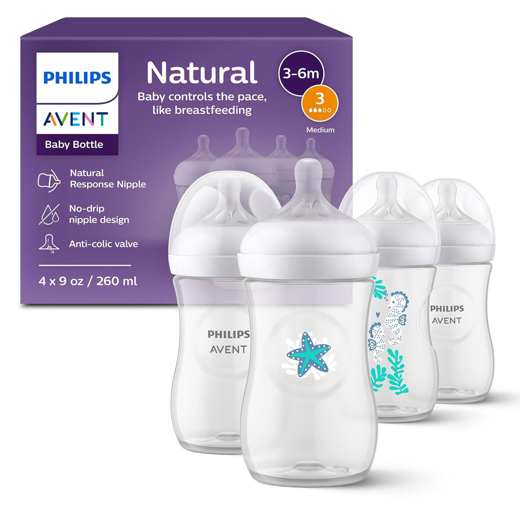 Philips Avent Natural Baby Bottles 4-Pack, Medium Flow, 9oz, SCY903/04, BPA-Free