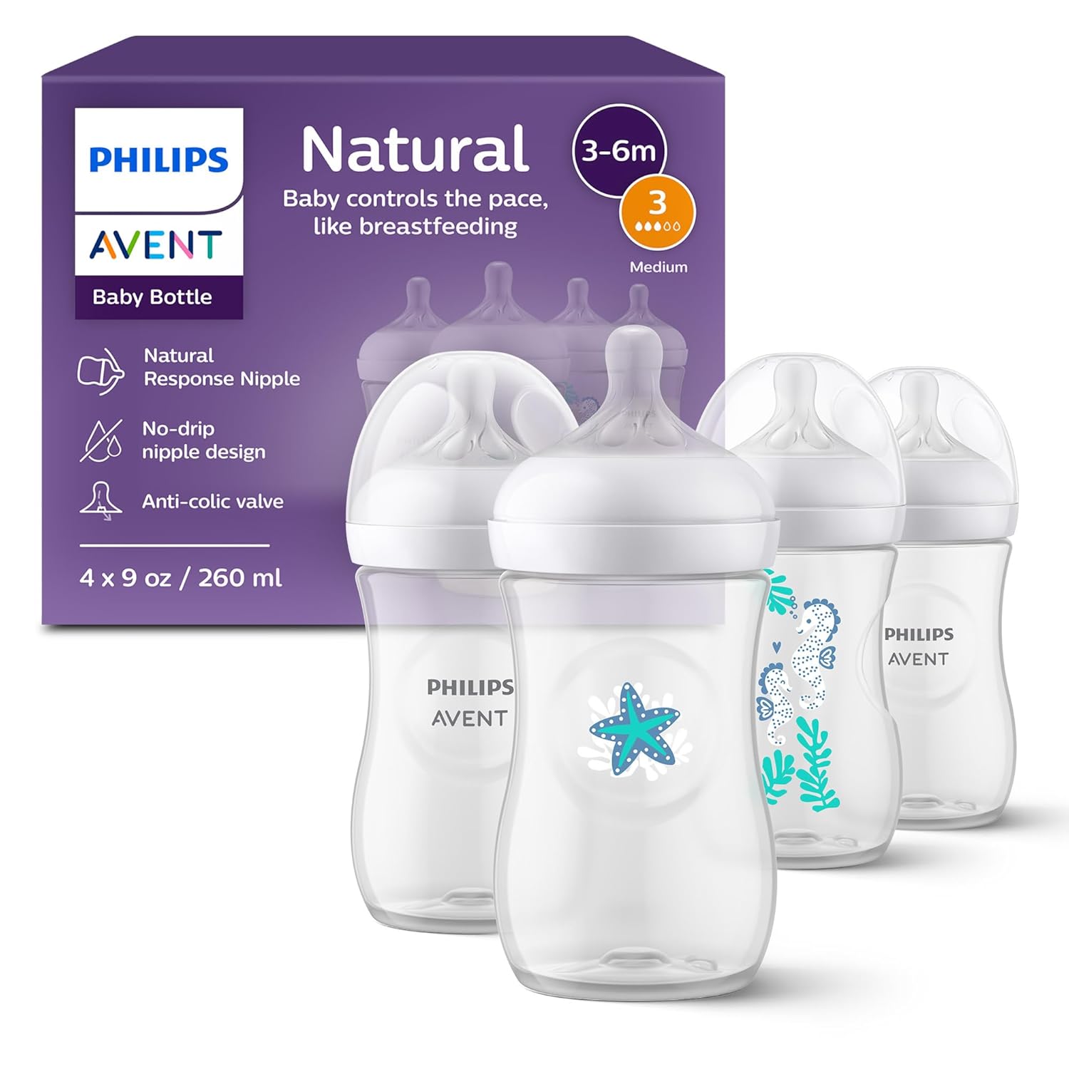 Philips Avent Natural Baby Bottles 4-Pack, Medium Flow, 9oz, SCY903/04, BPA-Free