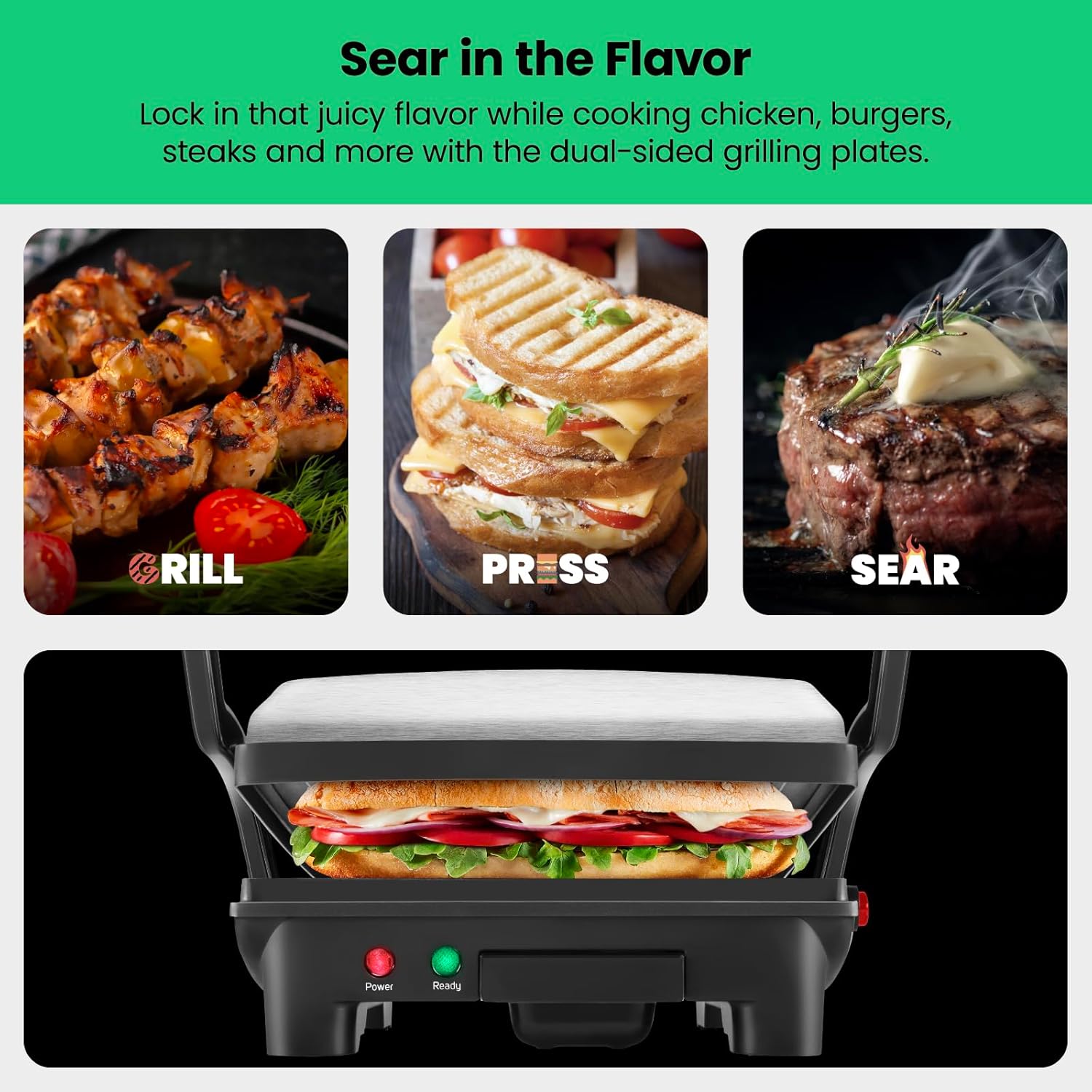 Chefman Panini Press Grill and Gourmet Sandwich Maker Non-Stick Coated Plates, Opens 180 Degrees to Fit Any Type or Size of Food, Stainless Steel Surface and Removable Drip Tray, 4 Slice, Black