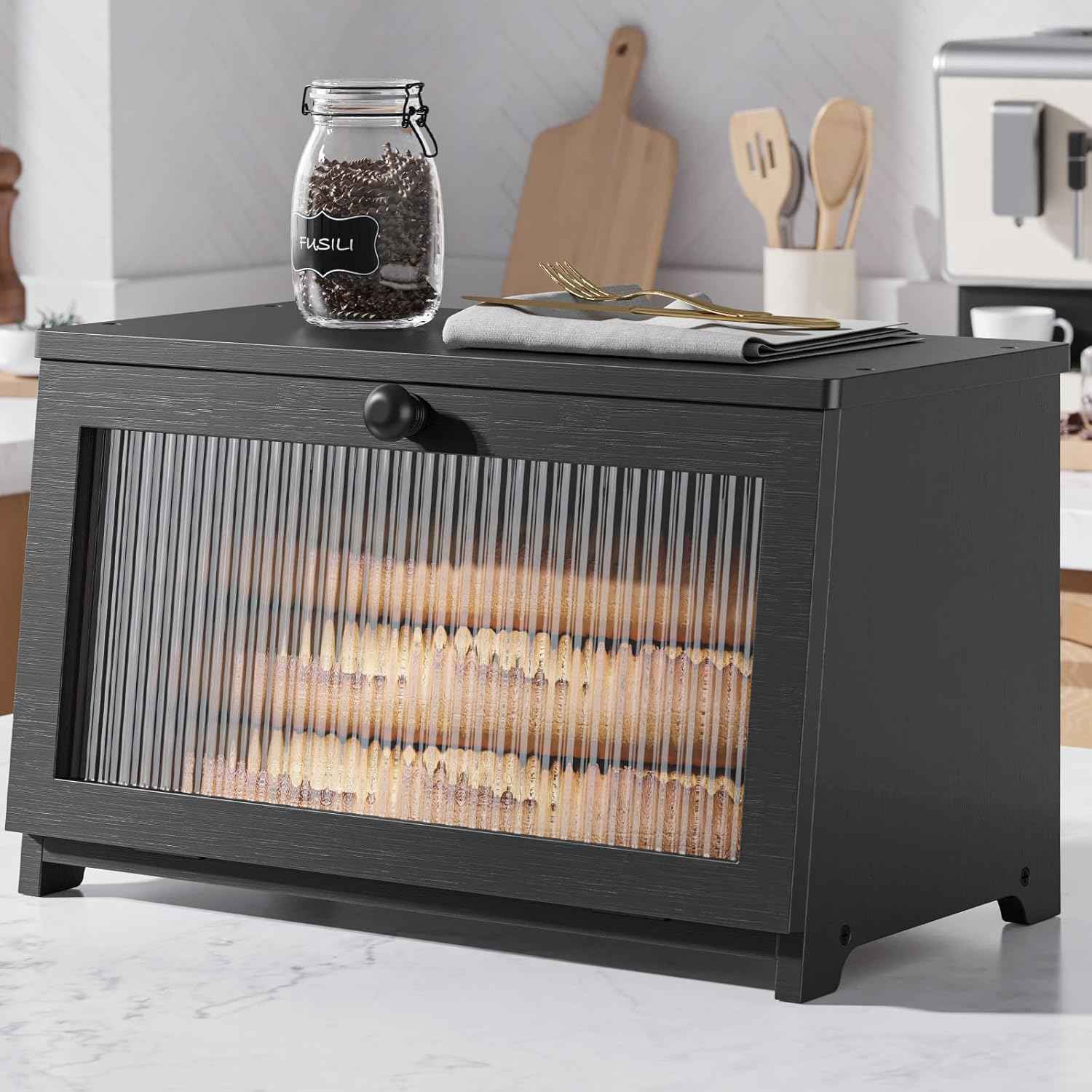 Kitsure Wooden Bread Box with Window, Large Capacity Kitchen Organizer, Stylish Black Storage Container