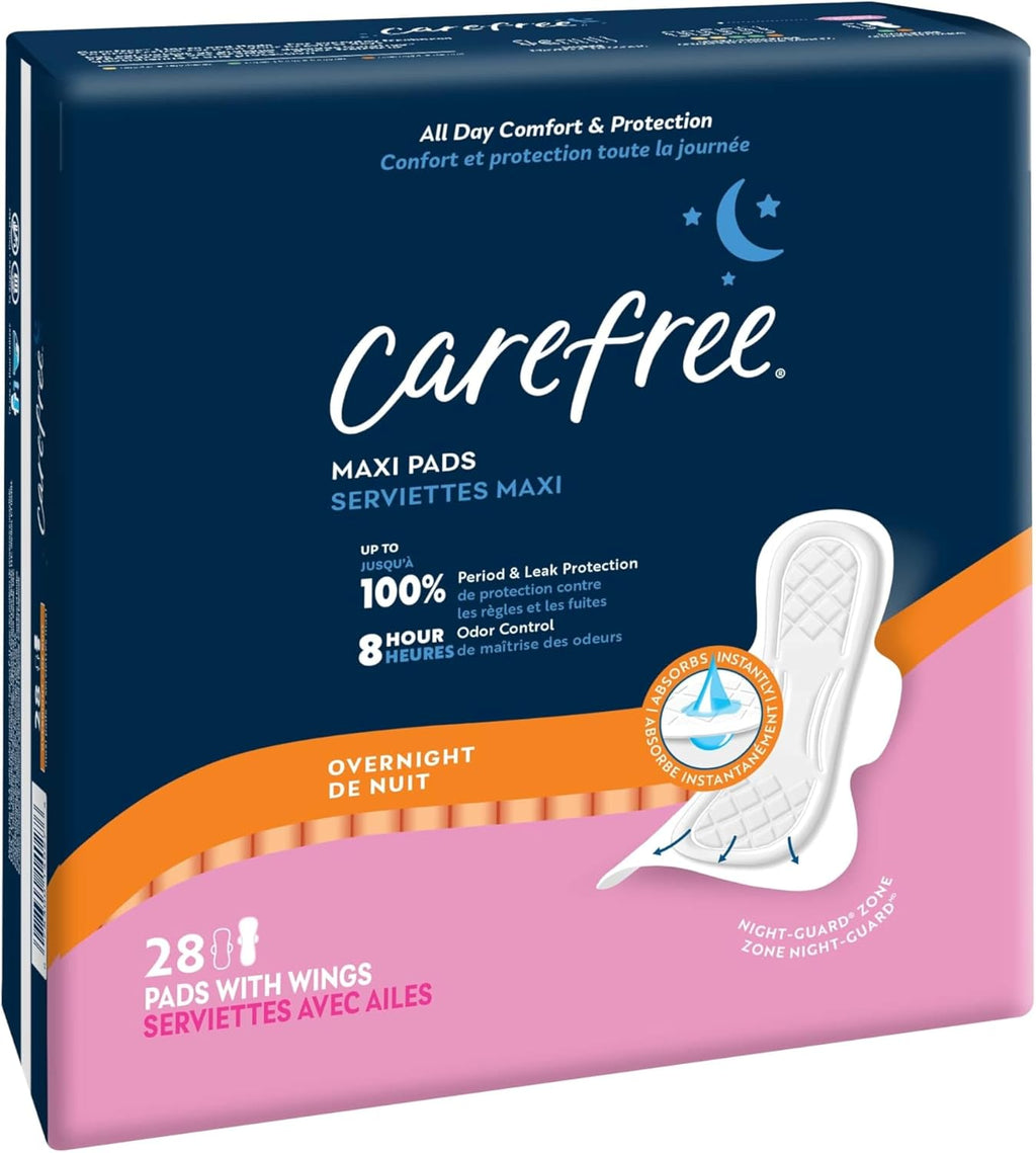 carefree maxi overnight pads with wings 28ct feminine care protection
