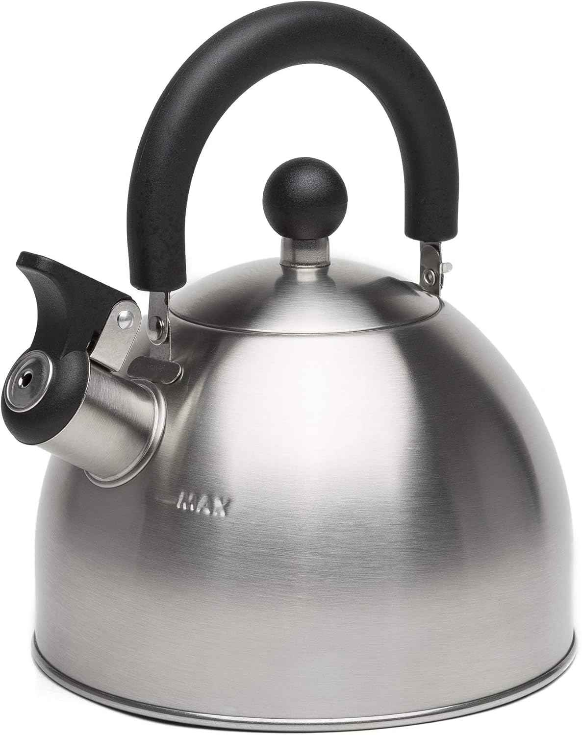 Primula Stewart Whistling Stovetop Tea Kettle, 1.5-Quart, Food Grade Stainless Steel, Hot Water Fast, Cool Touch Folding Handle, Black