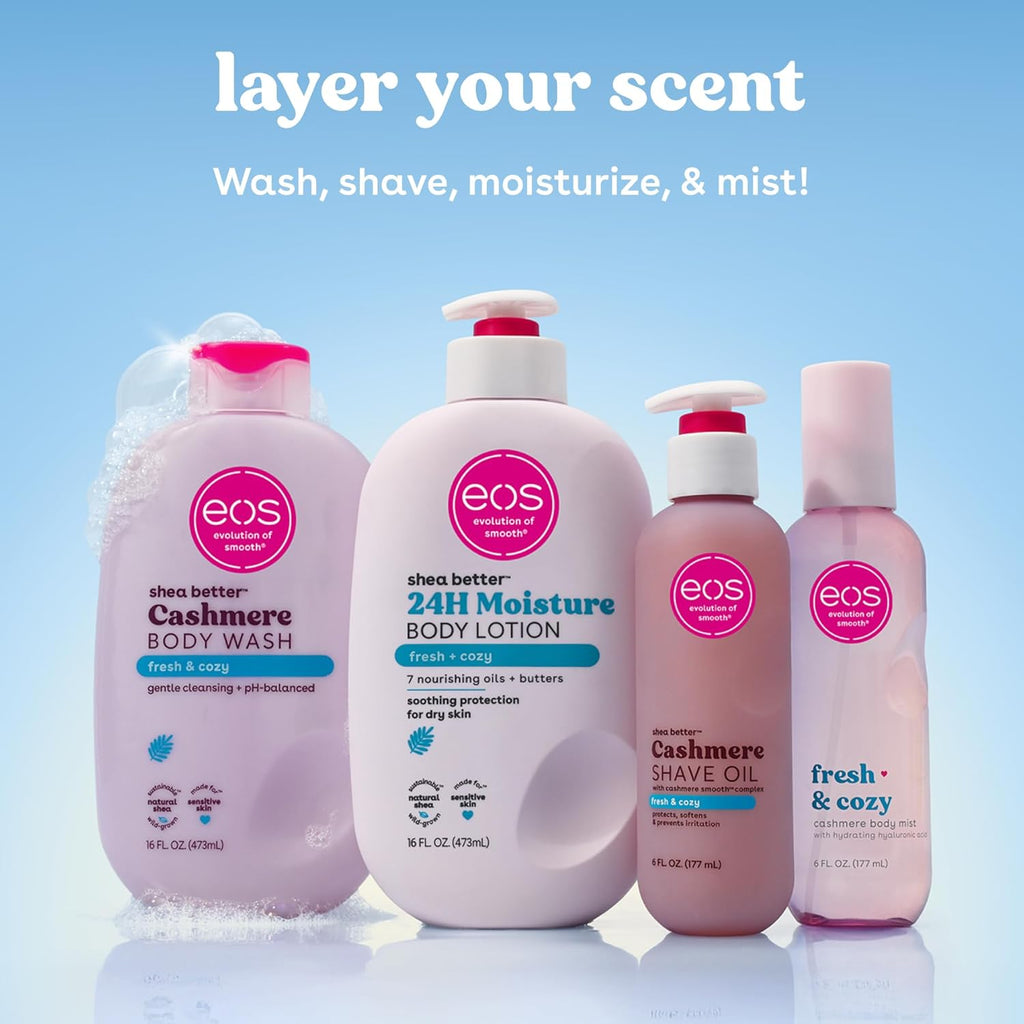 eos cashmere shave oil, 6 fl oz, shea butter, glycerin, vegan, fresh & cozy, razor burn prevention