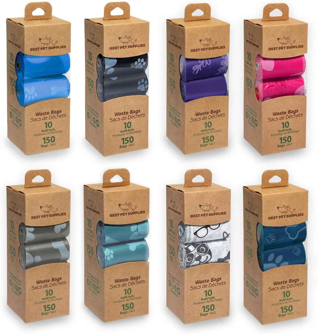 Best Pet Supplies Dog Poop Bags (150 Bags) for Waste Refuse Cleanup, Doggy Roll Replacements for Outdoor Puppy Walking and Travel, Leak Proof and Tear Resistant, Thick Plastic - Assorted Colors