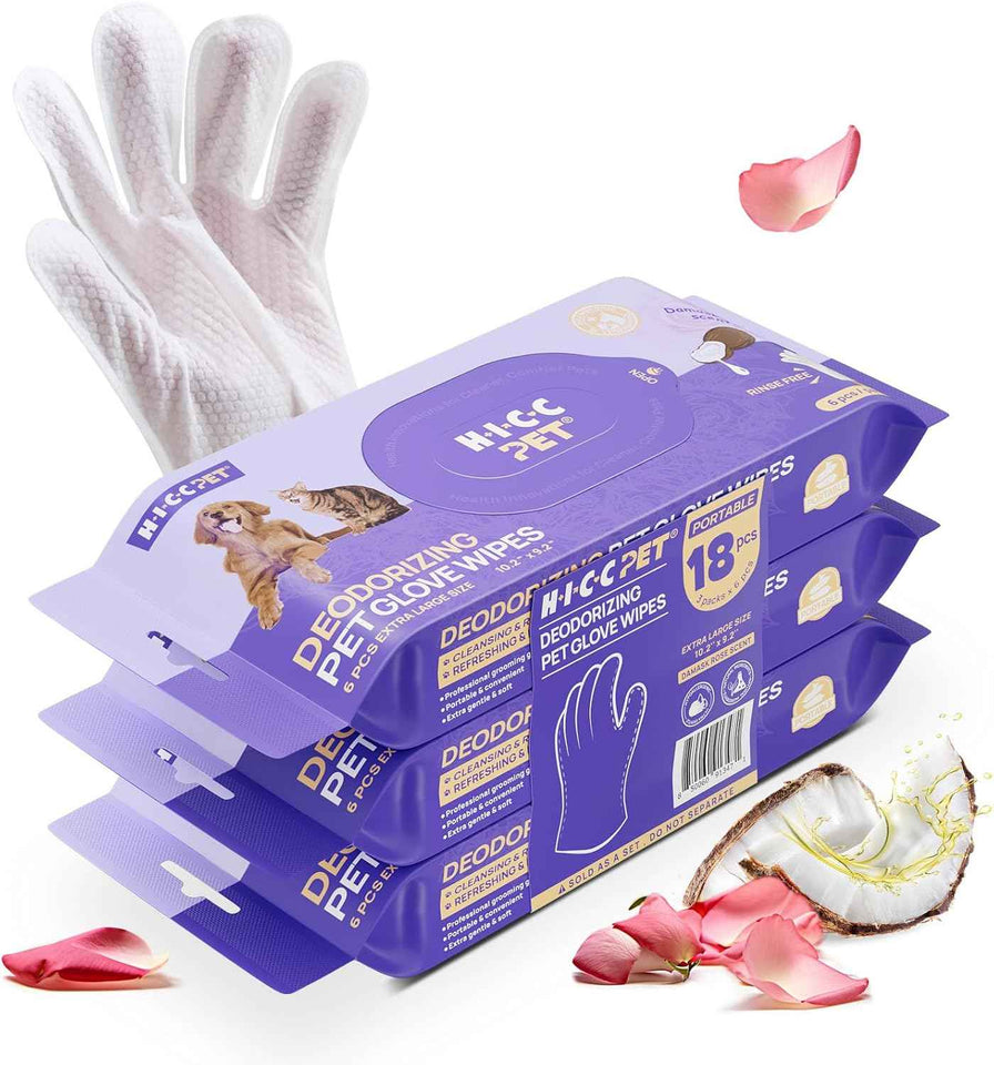 HICC PET Cleaning Deodorizing Glove Wipes for Dogs & Cats, Vet Recommended Hypoallergenic Pet Cleaning and Hydrating Glove Wipes, Nourish Fur Coconut Oil Pet Bathing Wipes for Horse Coat Care