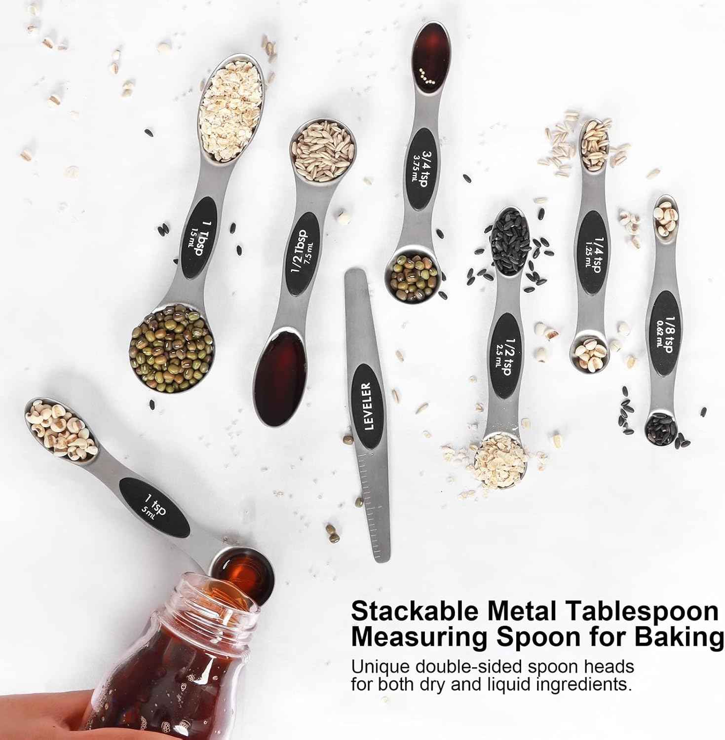bidful magnetic stainless steel measuring spoons set with leveler, stackable metal tables and cups