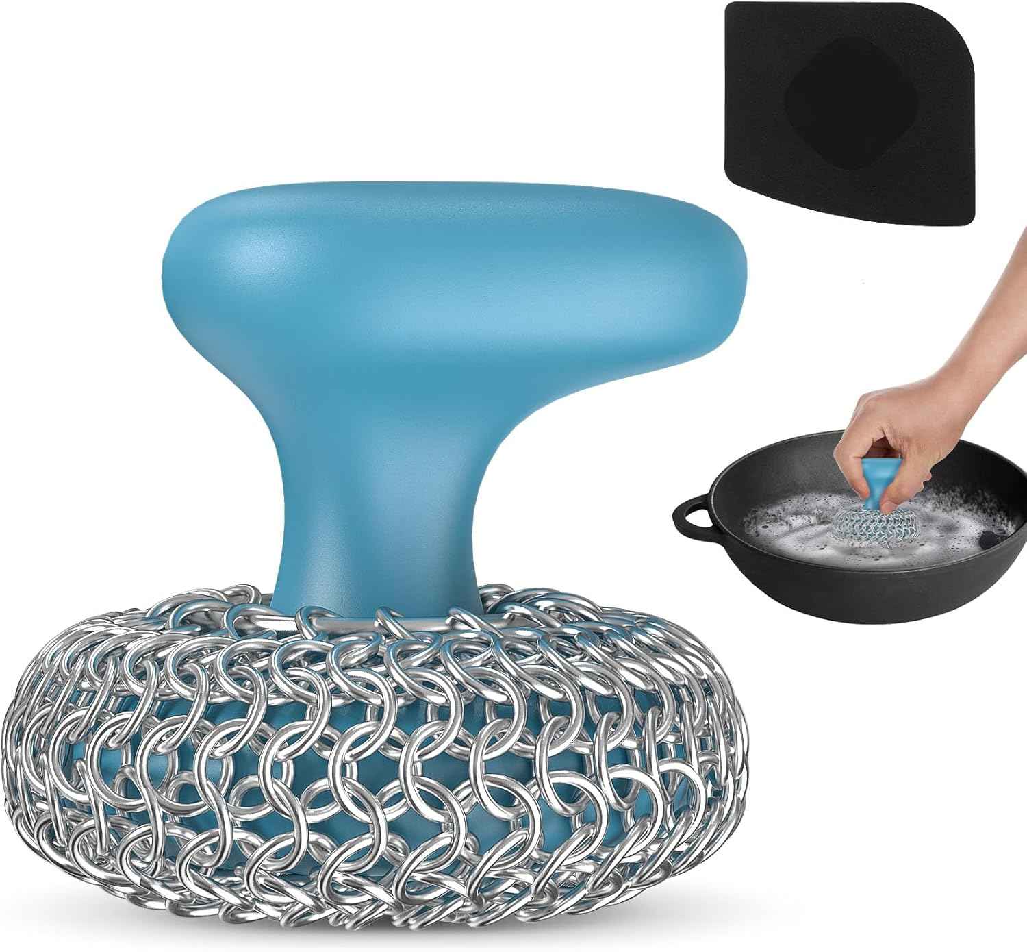 Purgreat Cast Iron Scrubber | Dish Scrub Brush | 316 Cleaner Chainmail Scrubber for Cast Iron Pan Skillet Cleaner - Dish Scouring Pad Dishwasher Safe Cleaning Kit, Black 02