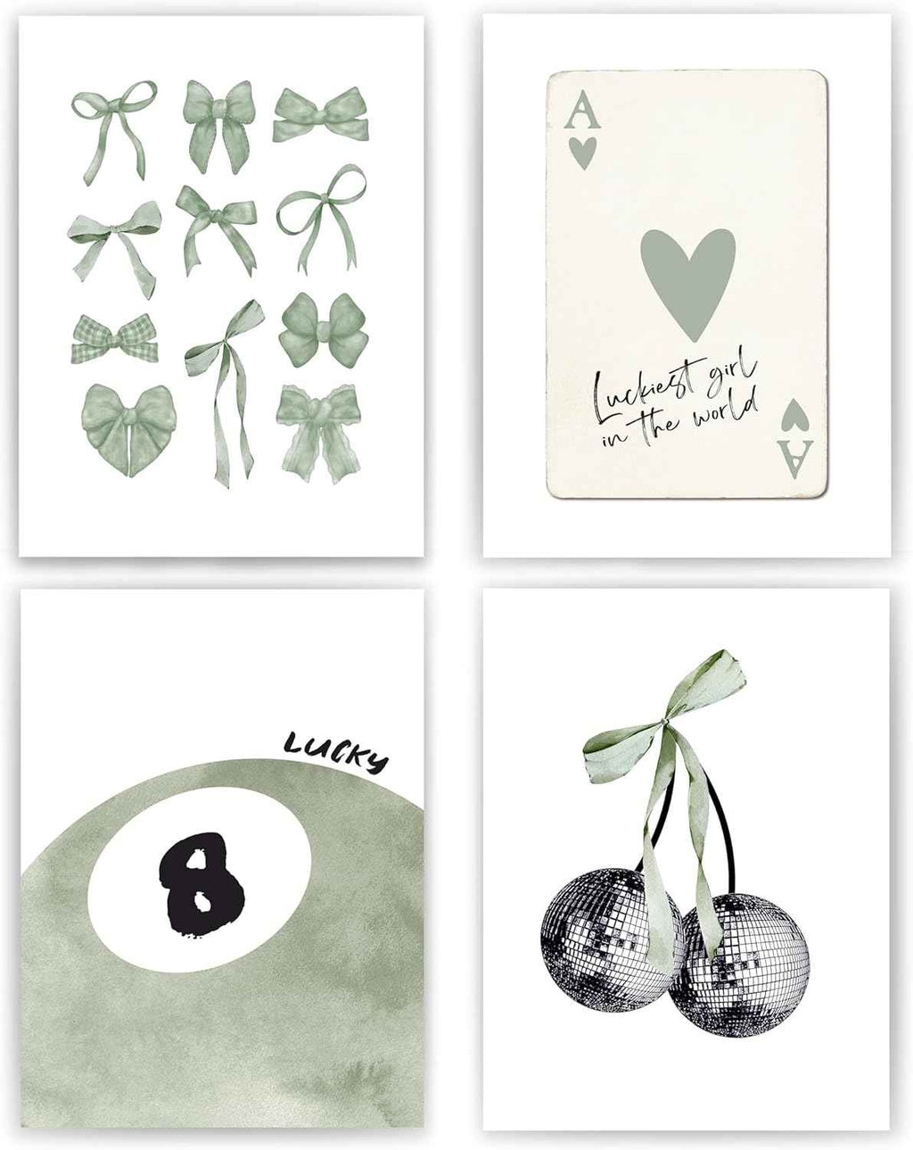 okaxscm Sage Green Coquette Trendy Preppy Wall Art Prints Set of 4, Coquette Preppy Room Decor Aesthetic, Green Bow Disco 8 Ball Cherry Wall Decor Posters for Girls Bedroom Dorm, 8x10 Unframed