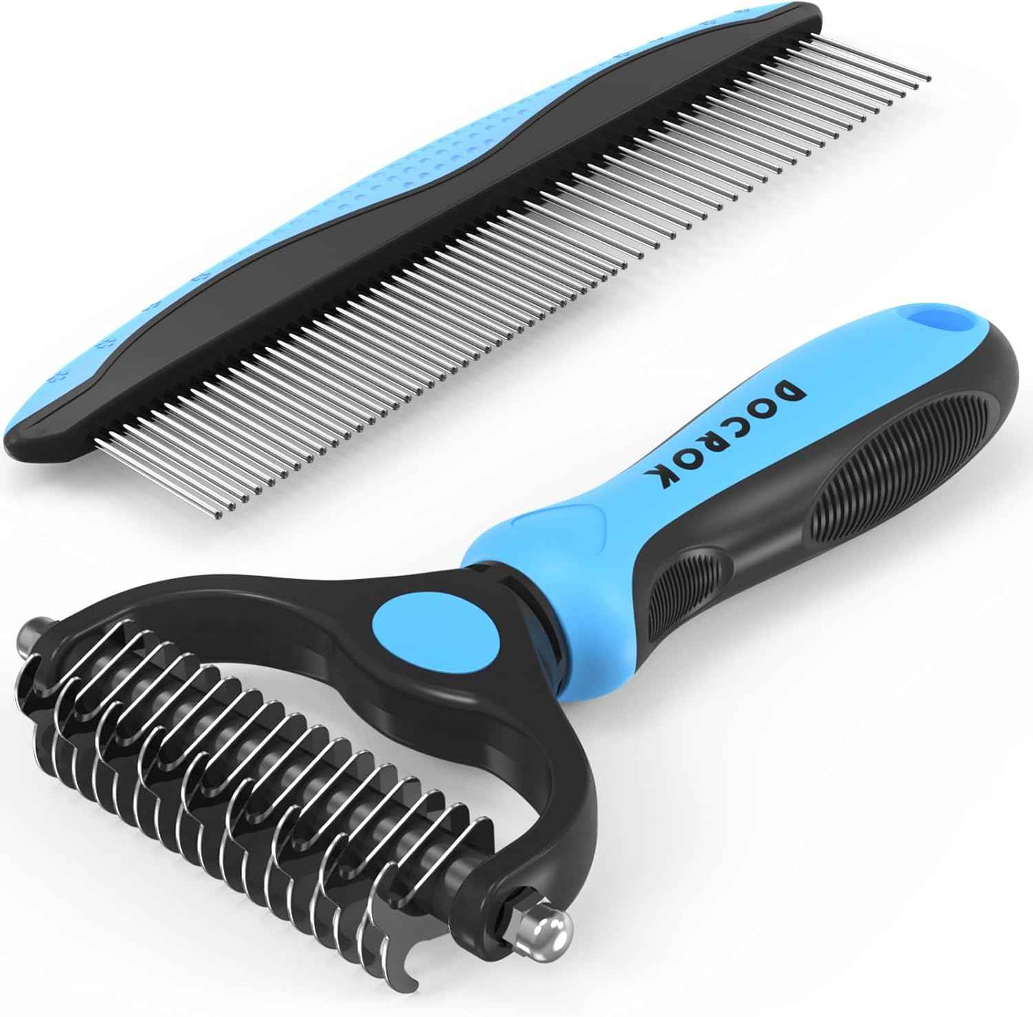 Blue Deshedding Brush and Metal Comb for Long Hair Cats and Dogs by Docrok