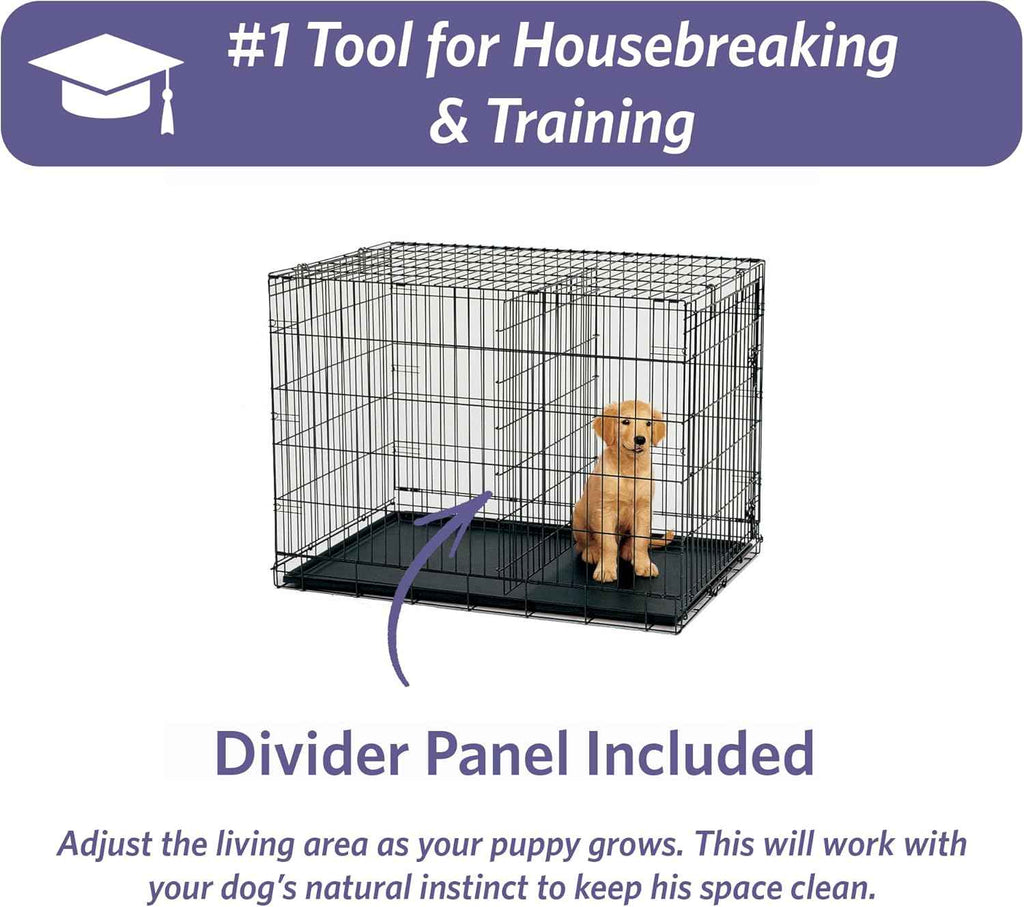 MidWest iCrate 36-inch metal wire dog crate with divider, leak-proof tray, and secure latches for medium large breeds
