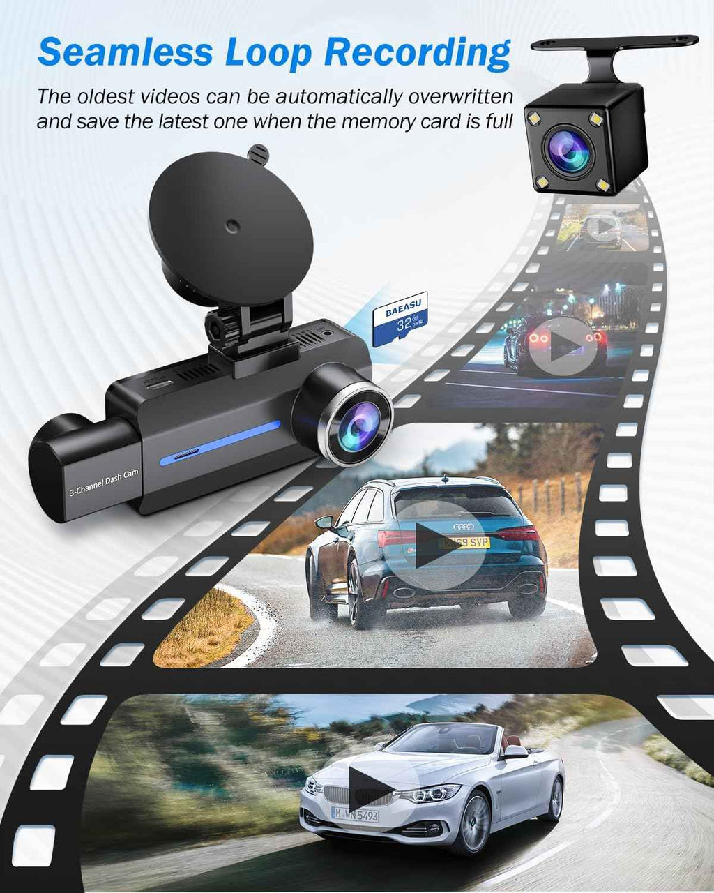 dash cam blue front and rear 2.5k+1440p triple car camera 3 channel with 32gb card