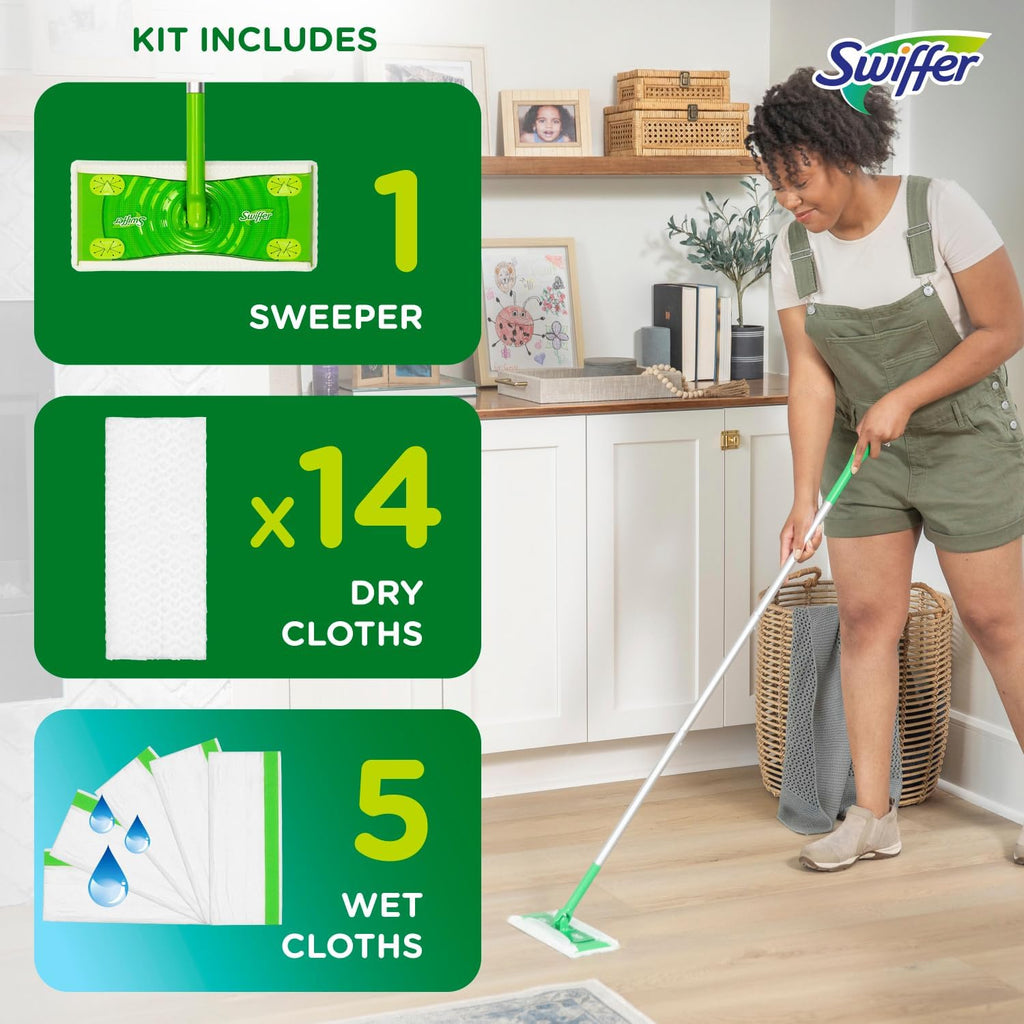 Swiffer Sweeper 2-in-1 Mops for Floor Cleaning, Dry and Wet Multi Surface Floor Cleaner, Sweeping and Mopping Starter Kit, Includes 1 Mop + 19 Refills, 20 Piece Set - ShopUS