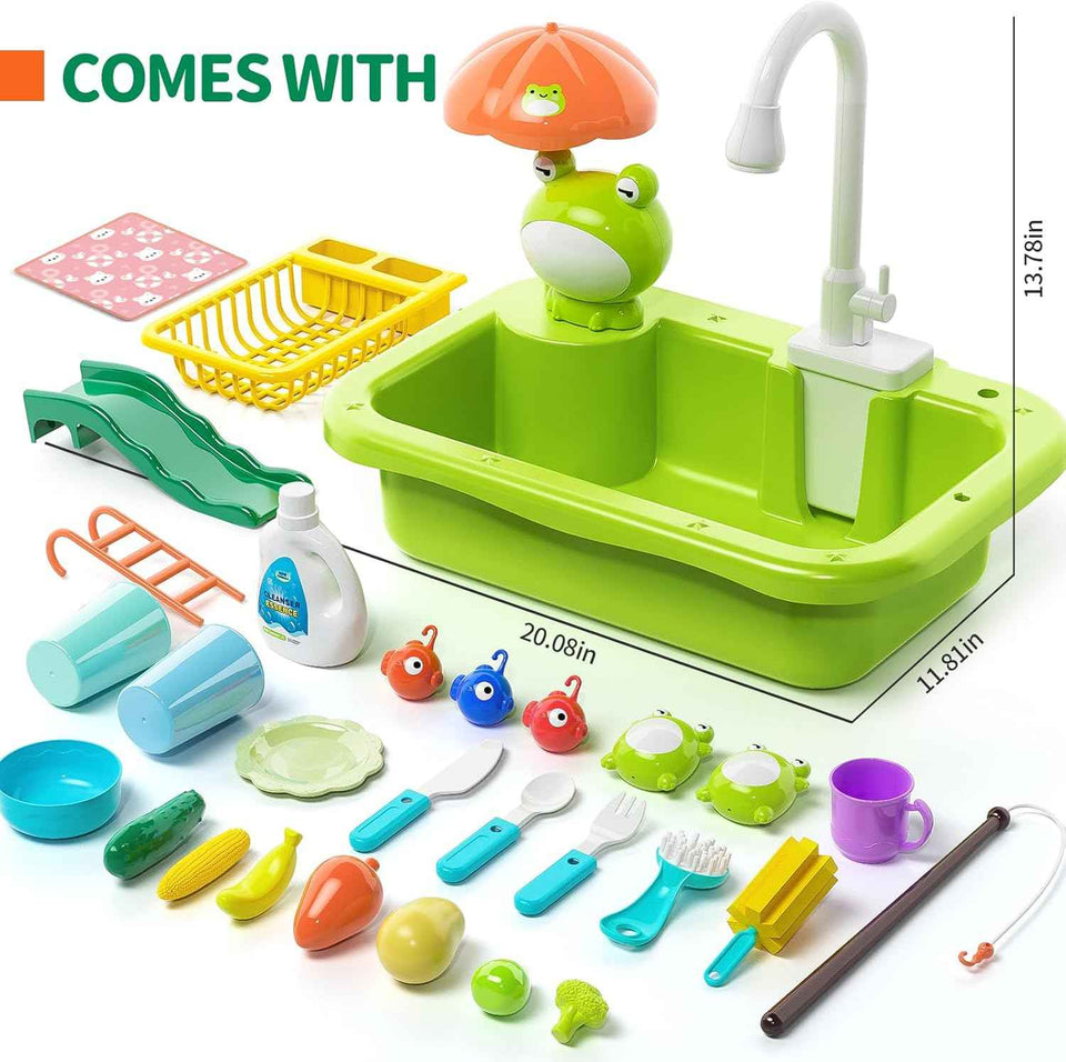 Play Sink with Running Water, Kitchen Play Sink Toy with Electric Faucet, Play Kitchen Accessories, Floating Pool Toys & Fishing Game, Kids Pretend Play-Dishwasher Play Set for Boys Girls Toddlers