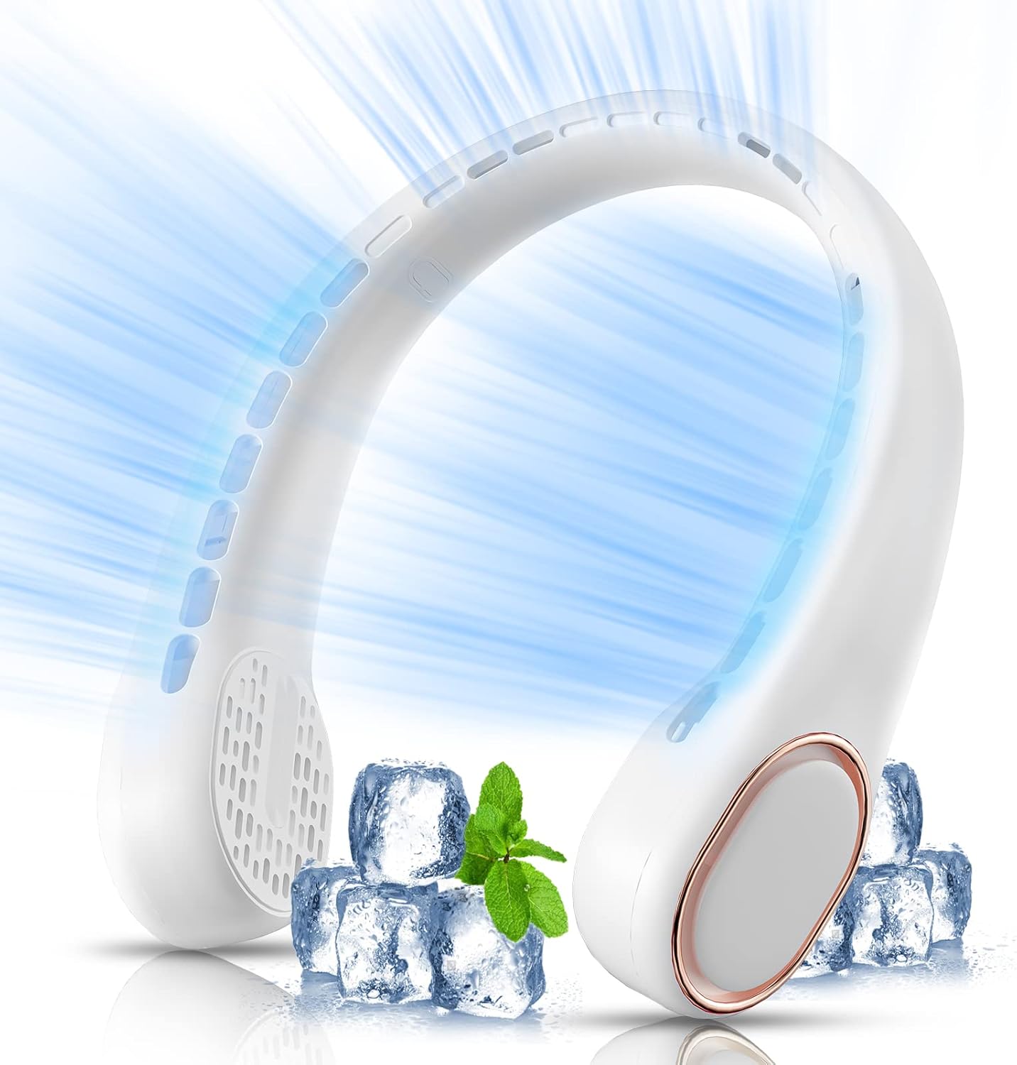 MFEESYOB Neck Fan, Neck Fans Portable Rechargeable, 5000mAh Battery Operated Bladeless Design with 3 Adjustable Speeds, Ultra-Quiet, 360° Faster Cooling, Suitable for Outdoor Sports, Travel, White
