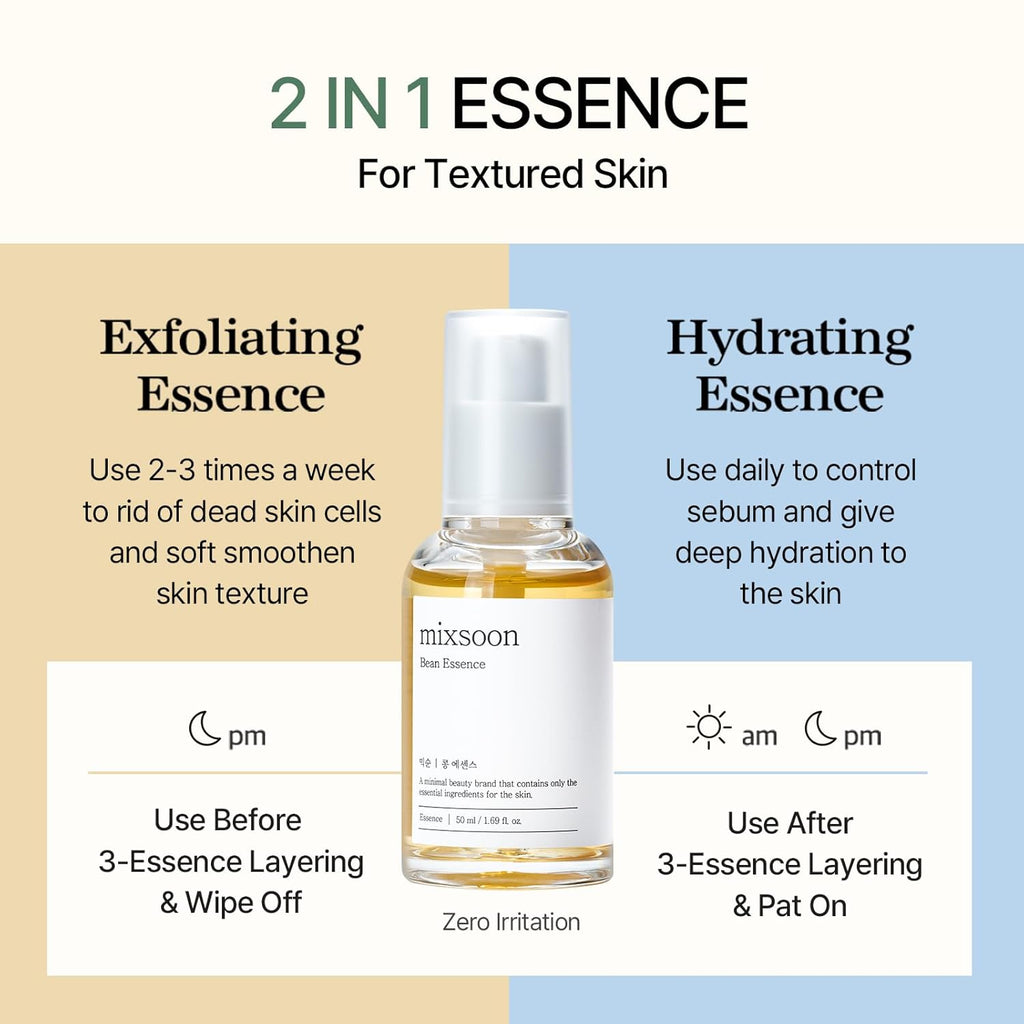 Mixsoon bean essence exfoliating hyaluronic acid serum for textured skin, vegan, no artificial fragrance