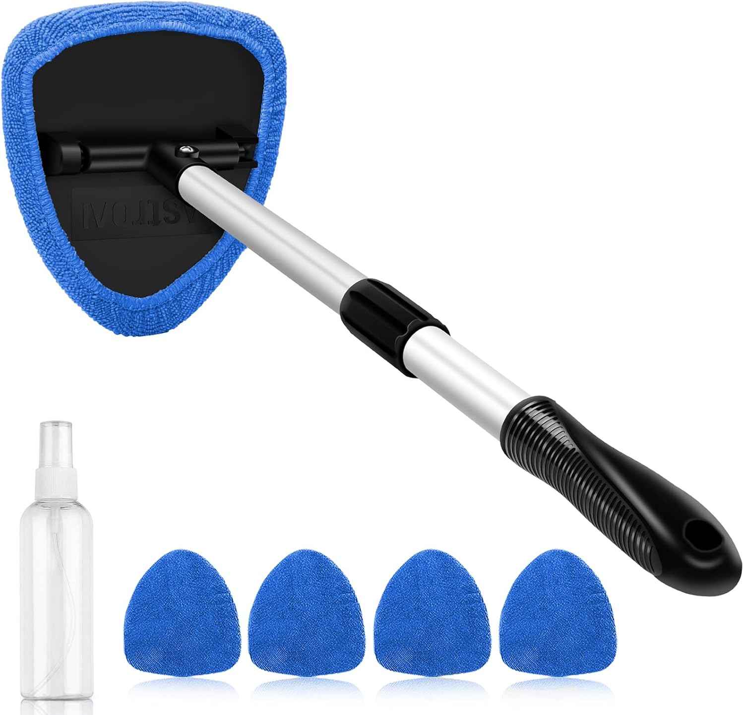 AstroAI Windshield Cleaner Tool with Extendable Handle and Microfiber Pads for Car Interior Detailing, Blue, 15.9in-21in