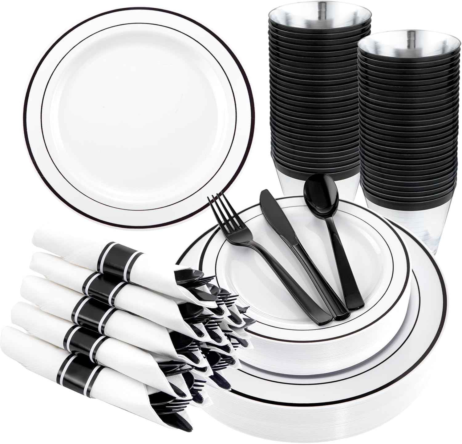 WELLIFE 700 Pieces Silver Plastic Dinnerware Set for 100 Guests - Includes Plates, Cups, Napkins, and Disposable Cutlery - Elegant White & Silver Design, Perfect for Parties and Events