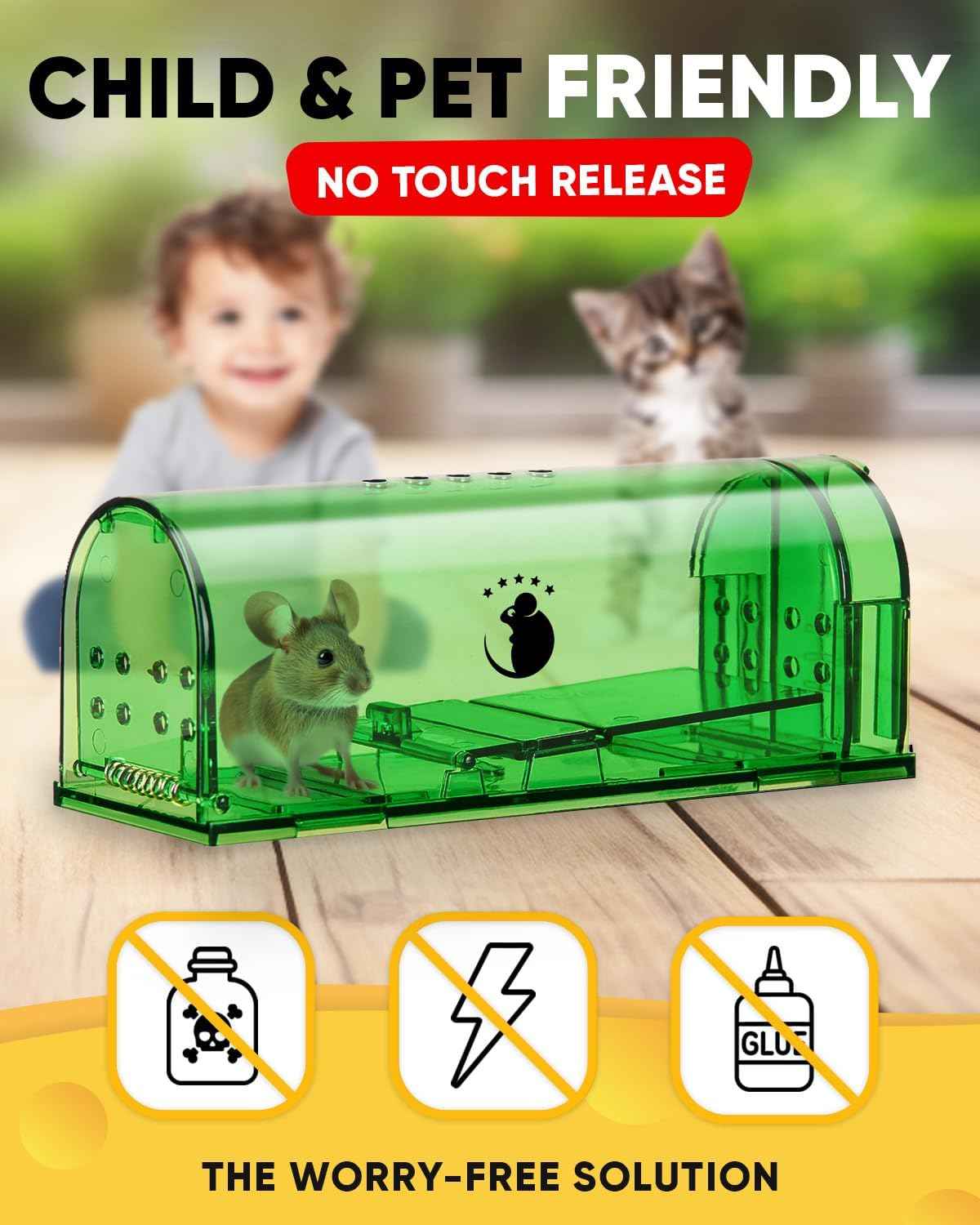 Reusable humane mouse traps, catch and release, easy cleaning, 4 pack with cleaning brush