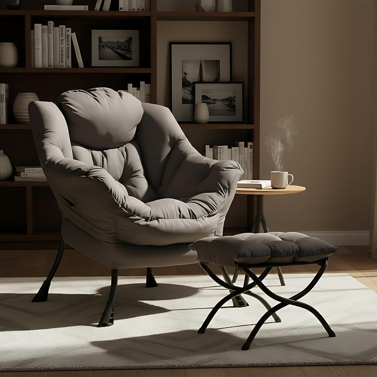 Welnow Lazy Chair with Ottoman, Modern Lounge Accent Chair with Armrests and a Side Pocket, Leisure Sofa Armchair, Reading Armchair with Footrest for Small Space, Dark Grey