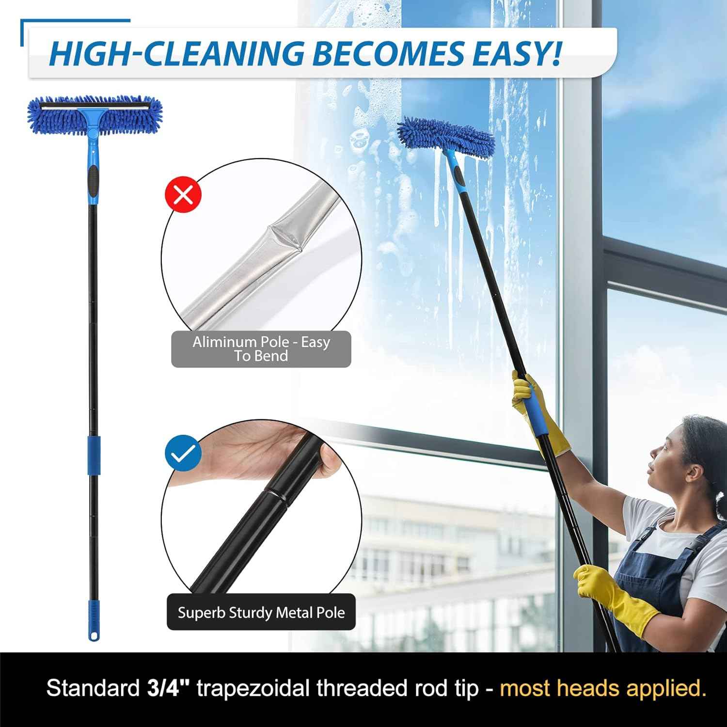 vitever professional 69'' window cleaner tool with extension pole and rotating head for easy window cleaning
