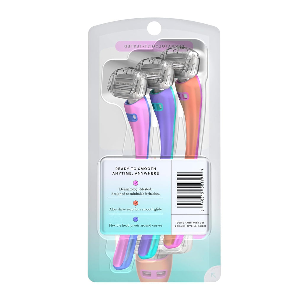 Billie 3-blade disposable razors for women - Malibu set, 3 razors, flexible head, aloe shave soap, matte rubber handle, travel ready