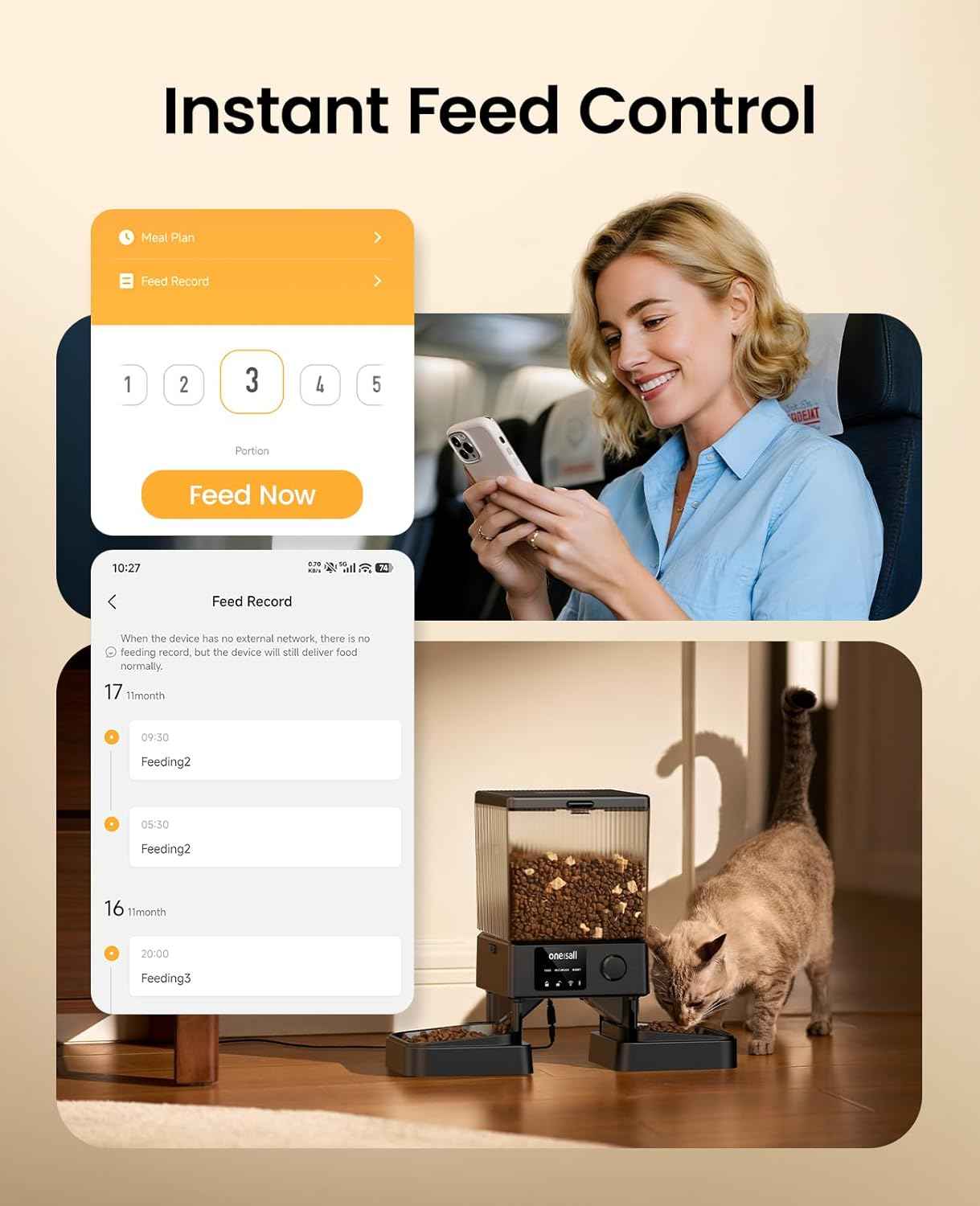 oneisall automatic cat feeder with 5g wifi, timed dry food dispenser for 2 small pets