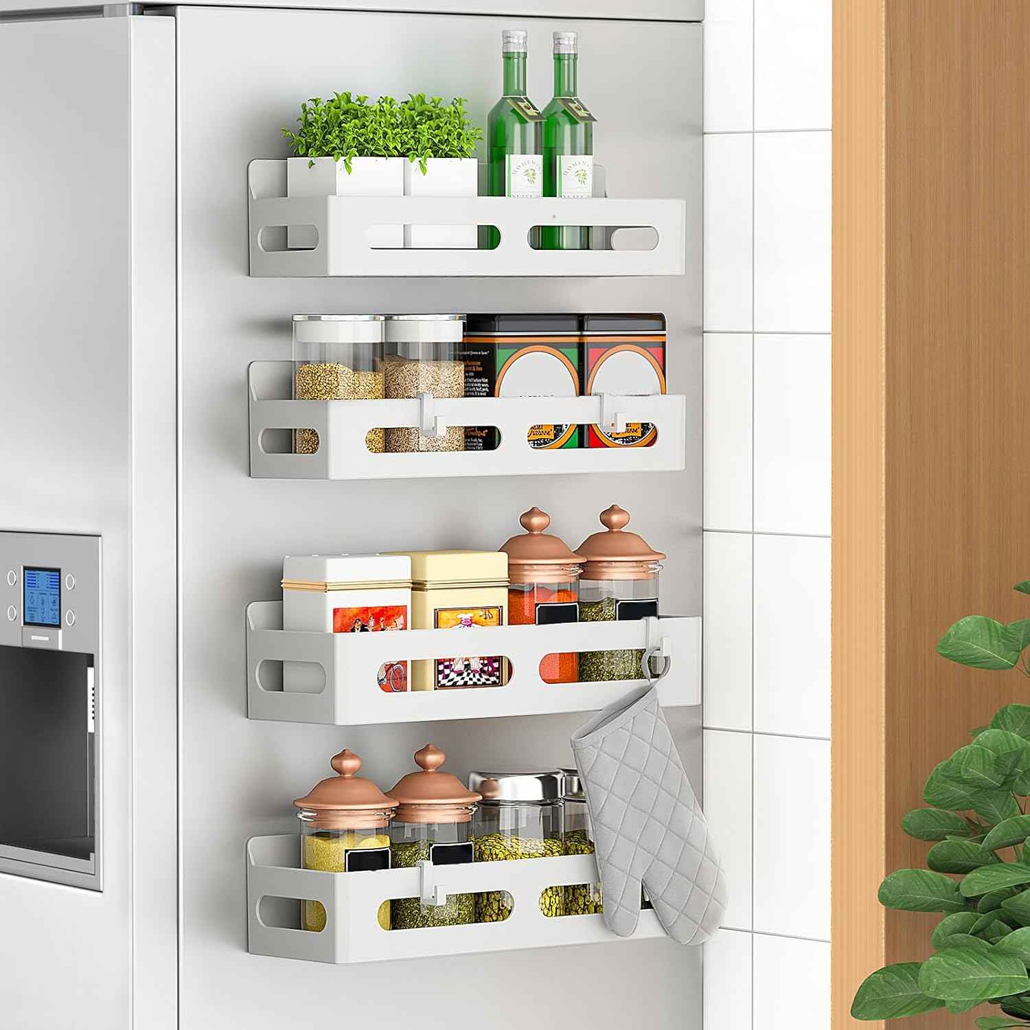 4 Pack Magnetic Spice Rack for Refrigerator, Spice Rack Organizer, Moveable Magnetic Shelf Fridge Organizer with 4 Hooks for Kitchen and Oven Organization, Black